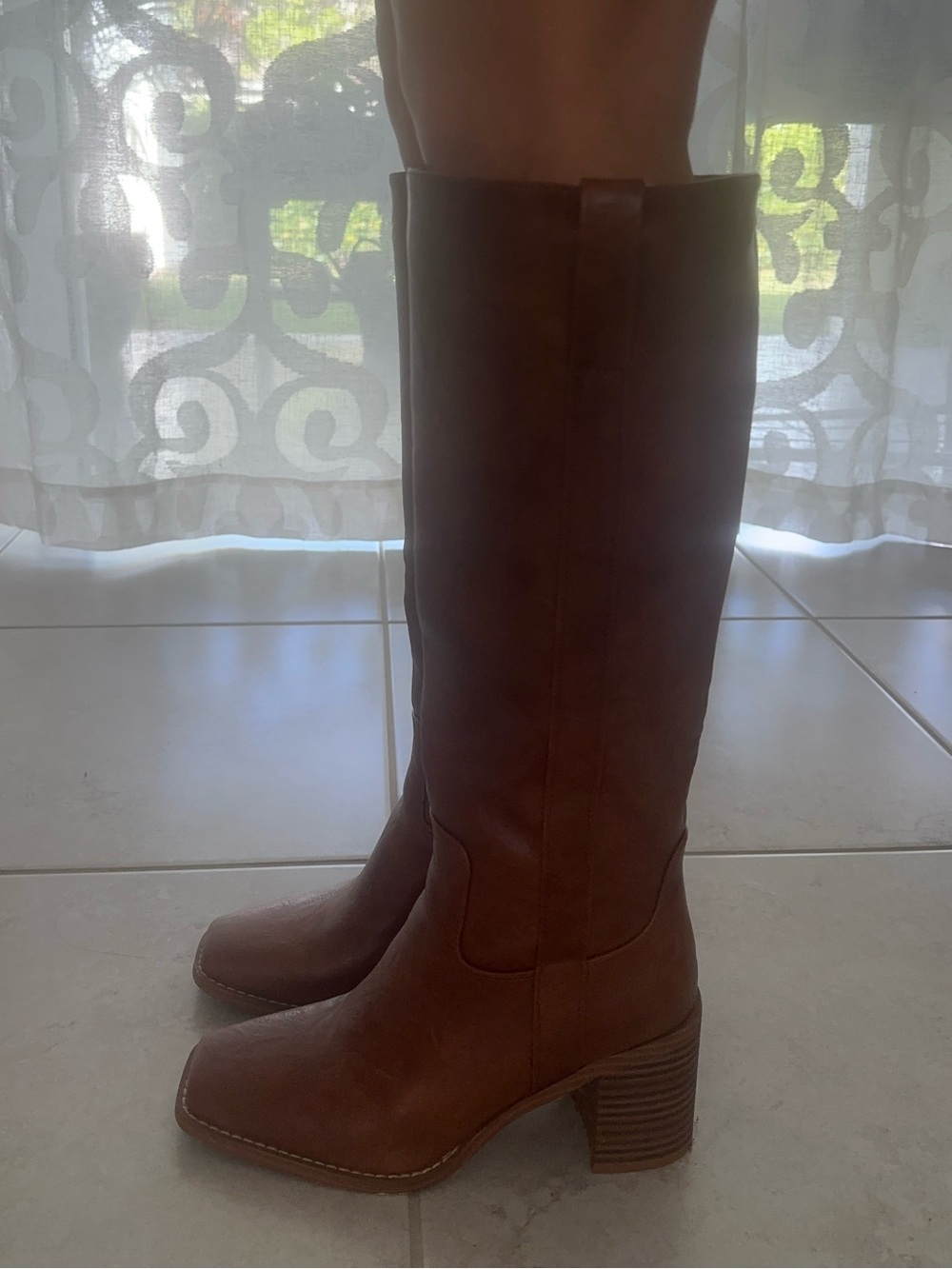 Classic Tall Brown Leather Boot with Block Heel